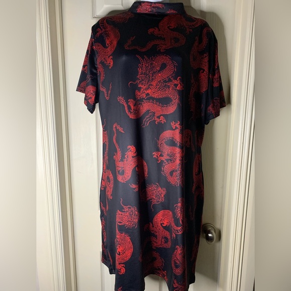 Women's Plus Size Chinese Dragon Print Bodycon Cheongsam Split Mini Dress - Picture 6 of 10